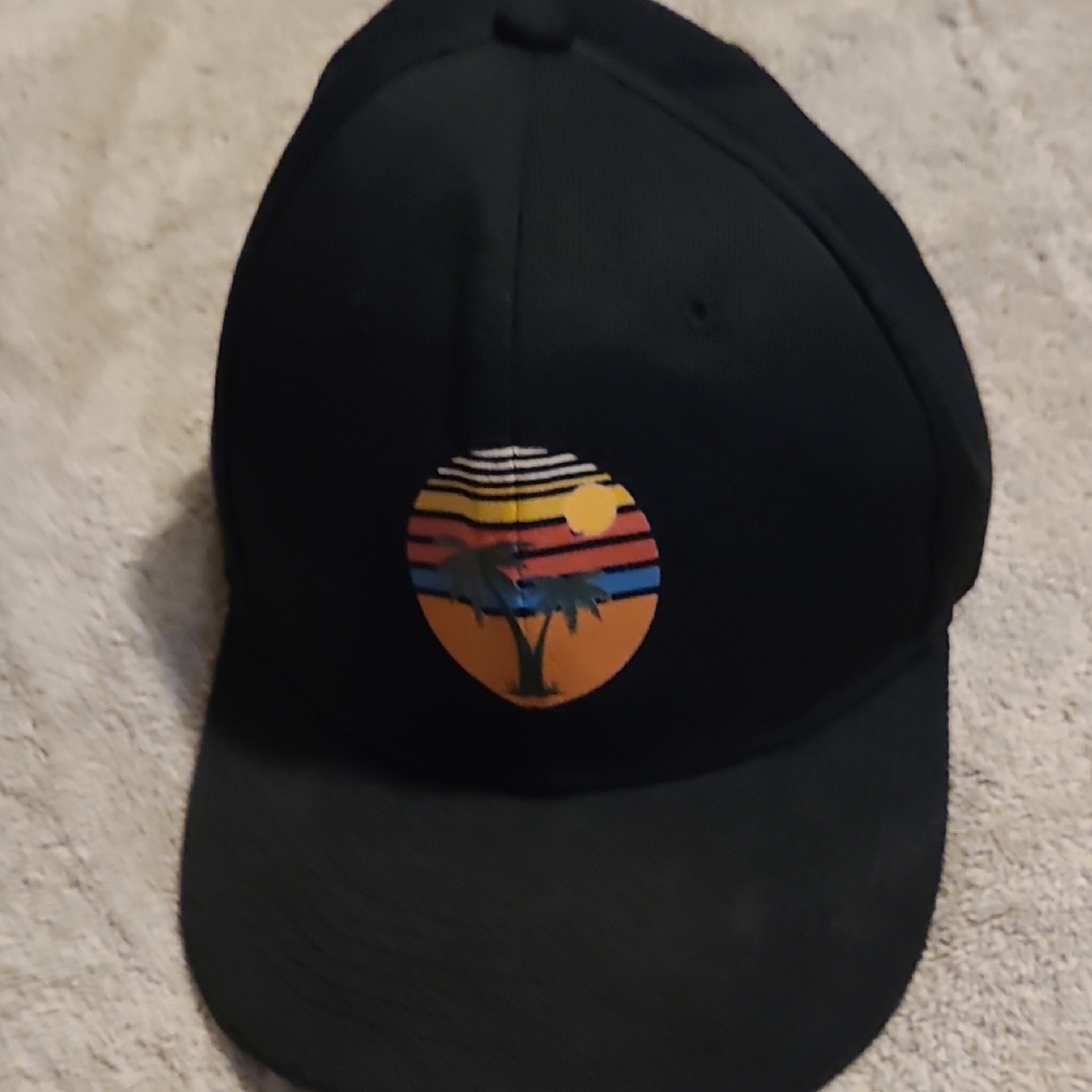 Black Cap with Sunset Palm Tree Design